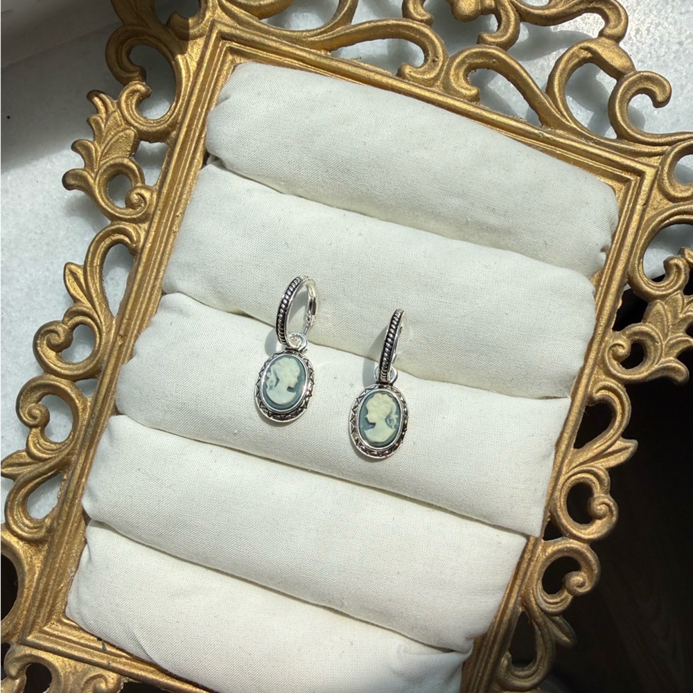 Vintage Cameo Lady Drop Earrings Pale Blue Background Silver Tone